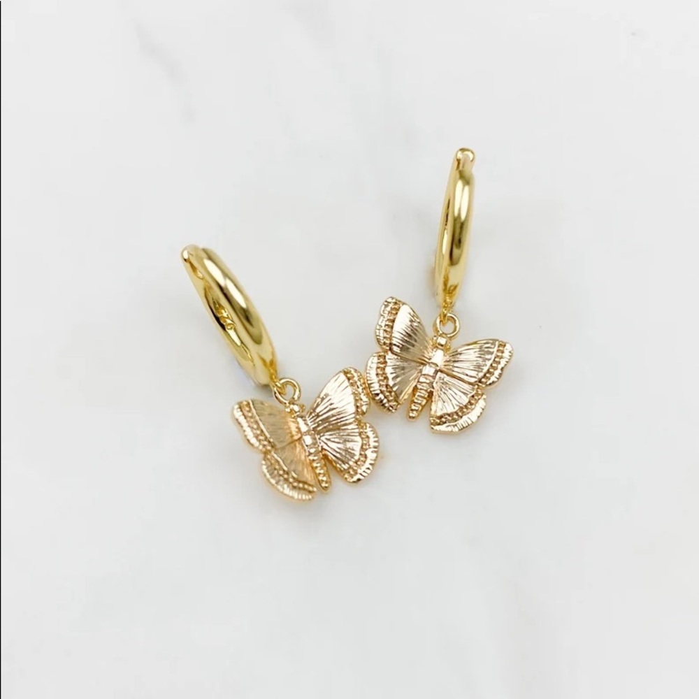 Gold filled butterfly huggies hoop earrings - Picture 2 of 3